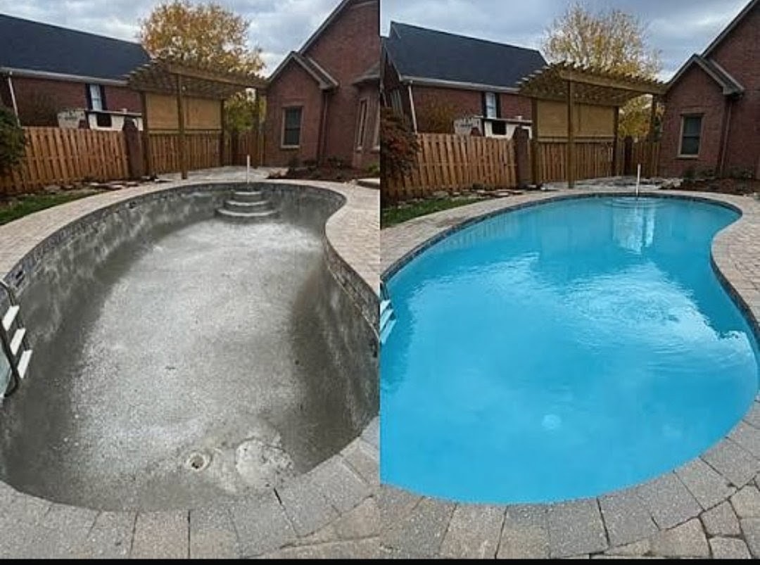 Concrete pool renovation with fresh blue interior and clean coping