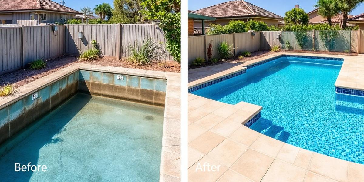 Before and after concrete pool renovation with new tiles and coping