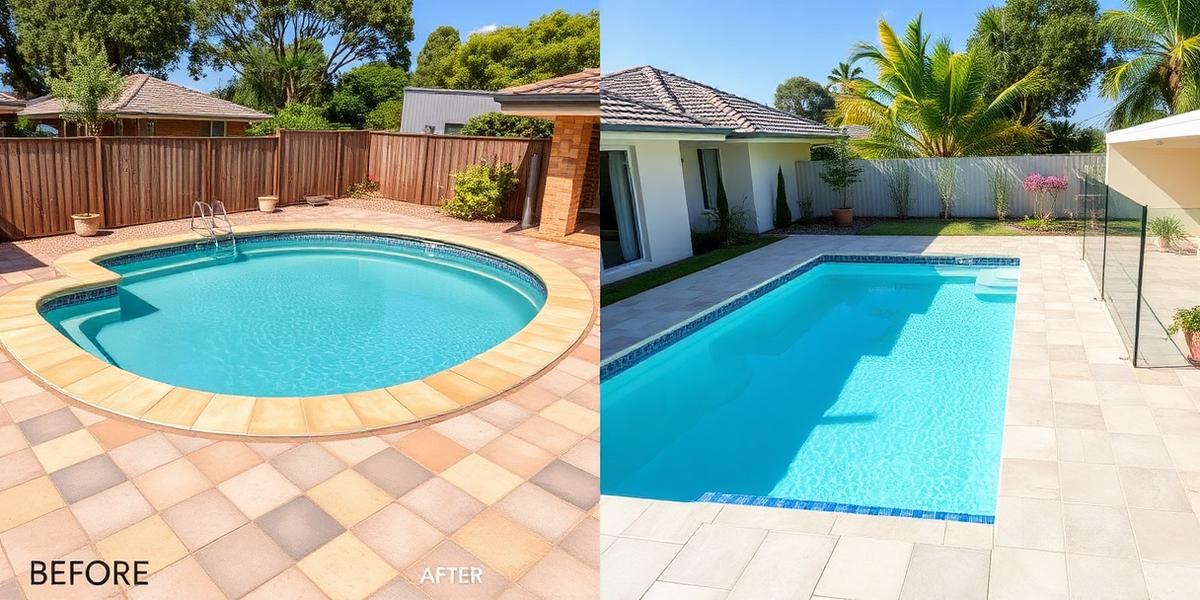 Before and after fibreglass pool renovation with new pavers and glass fence