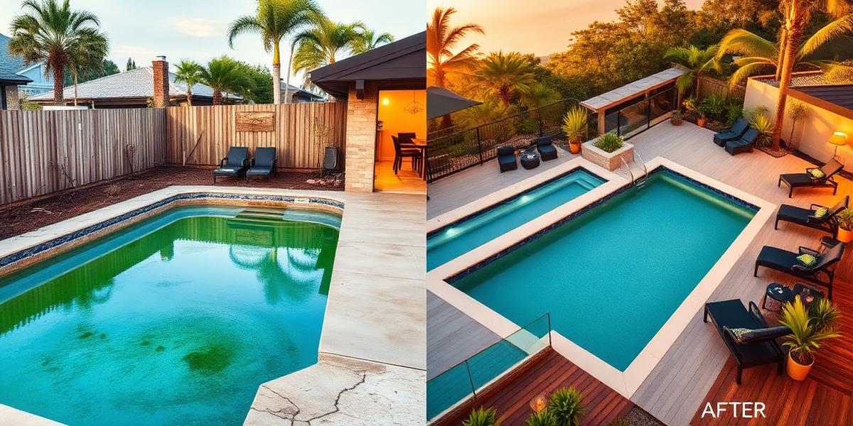 Before and after backyard pool oasis transformation with decking